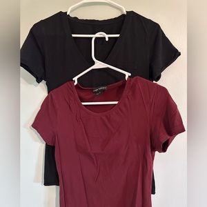 Womens 2 Pack Casual Tees T-Shirt Round Neck Short Sleeve Maroon Black